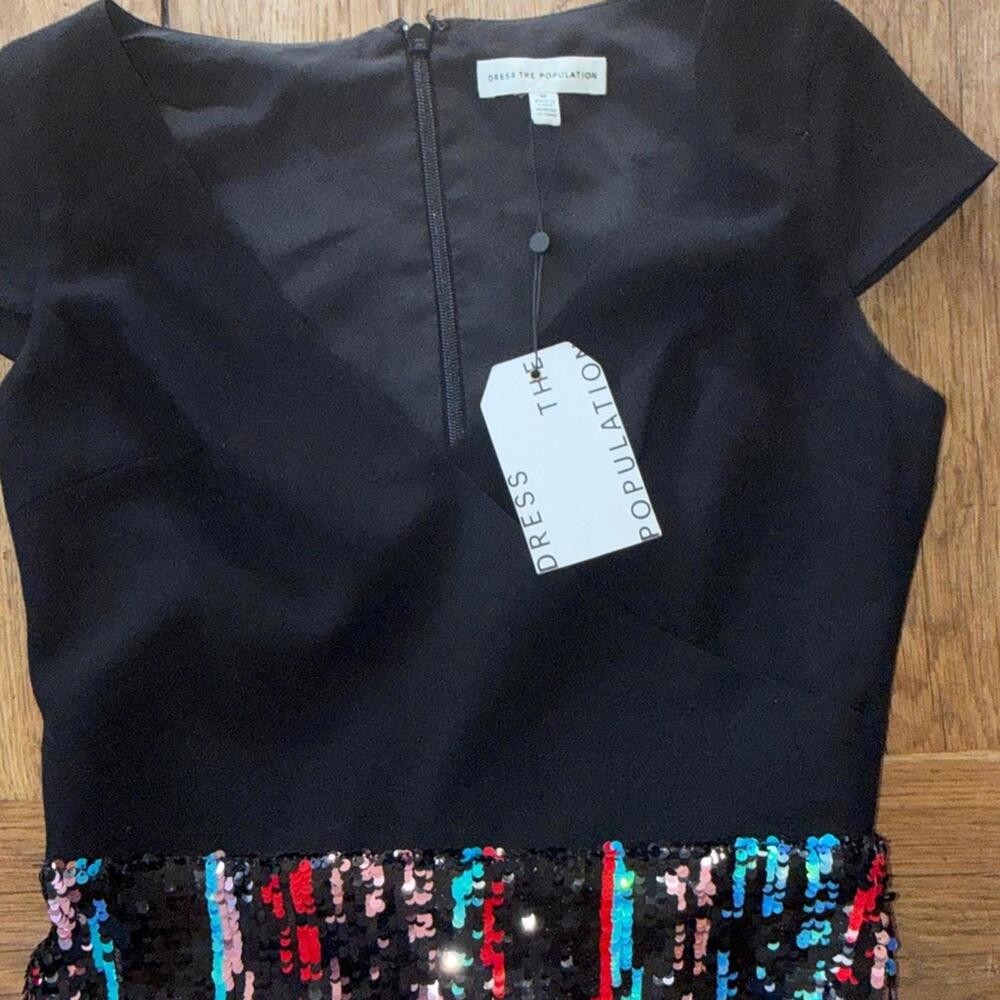 Dress the Population Dress Womens Medium Cap Sleeve Plunge Sequin Black NWT - Picture 3 of 7